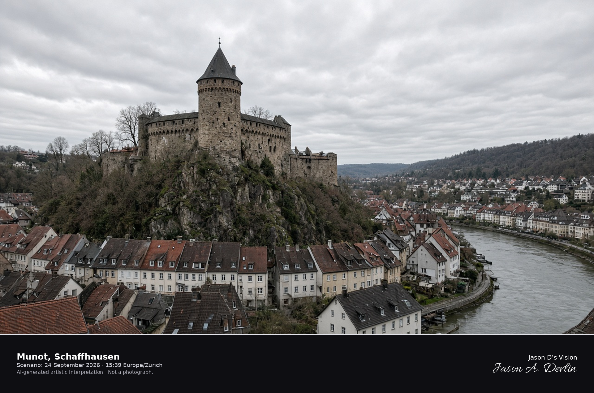 AI-generated artistic interpretation of the Munot fortress above Schaffhausen and the Rhine