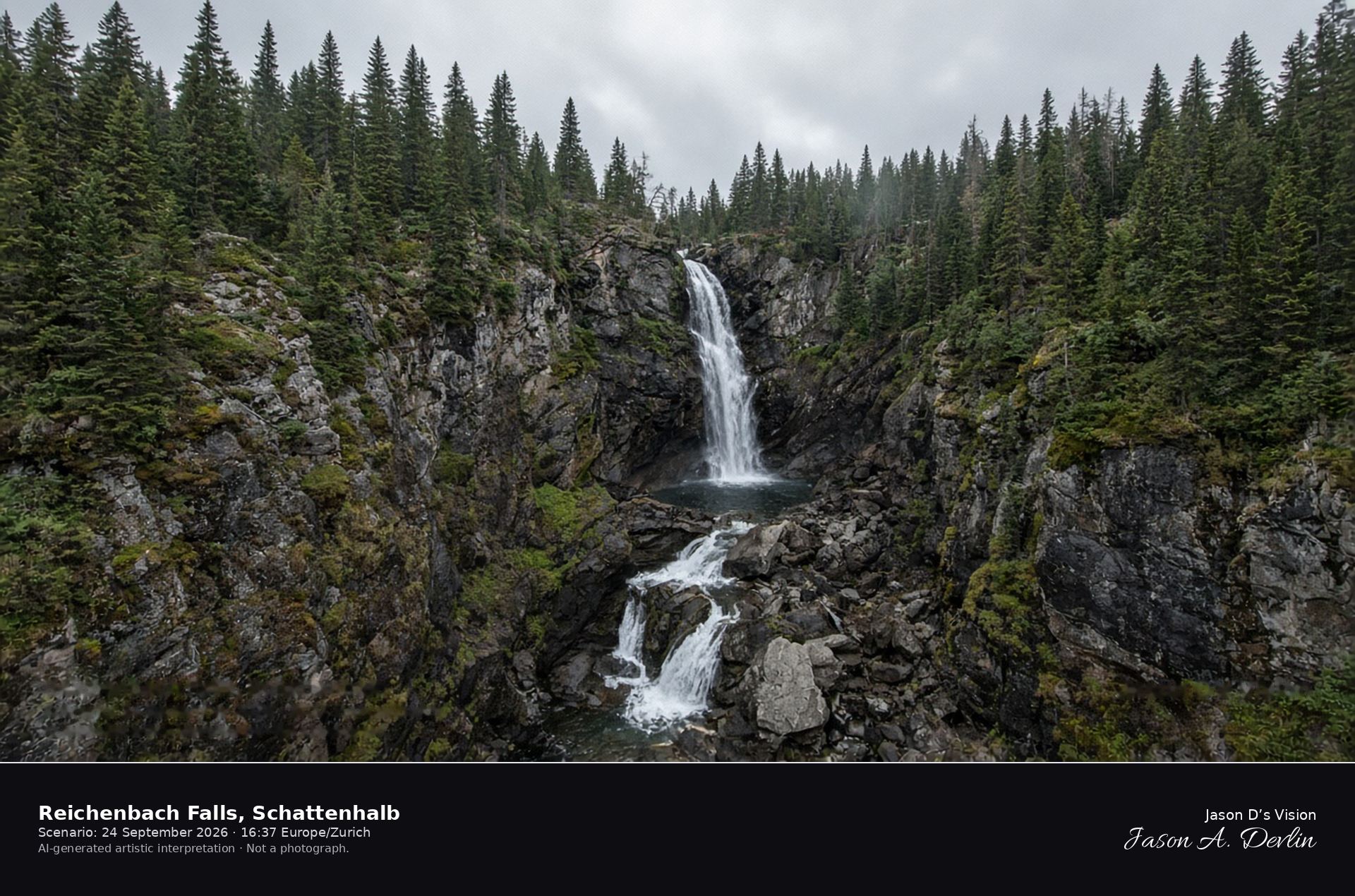 AI-generated artistic interpretation of the upper Reichenbach Fall in the gorge at Schattenhalb