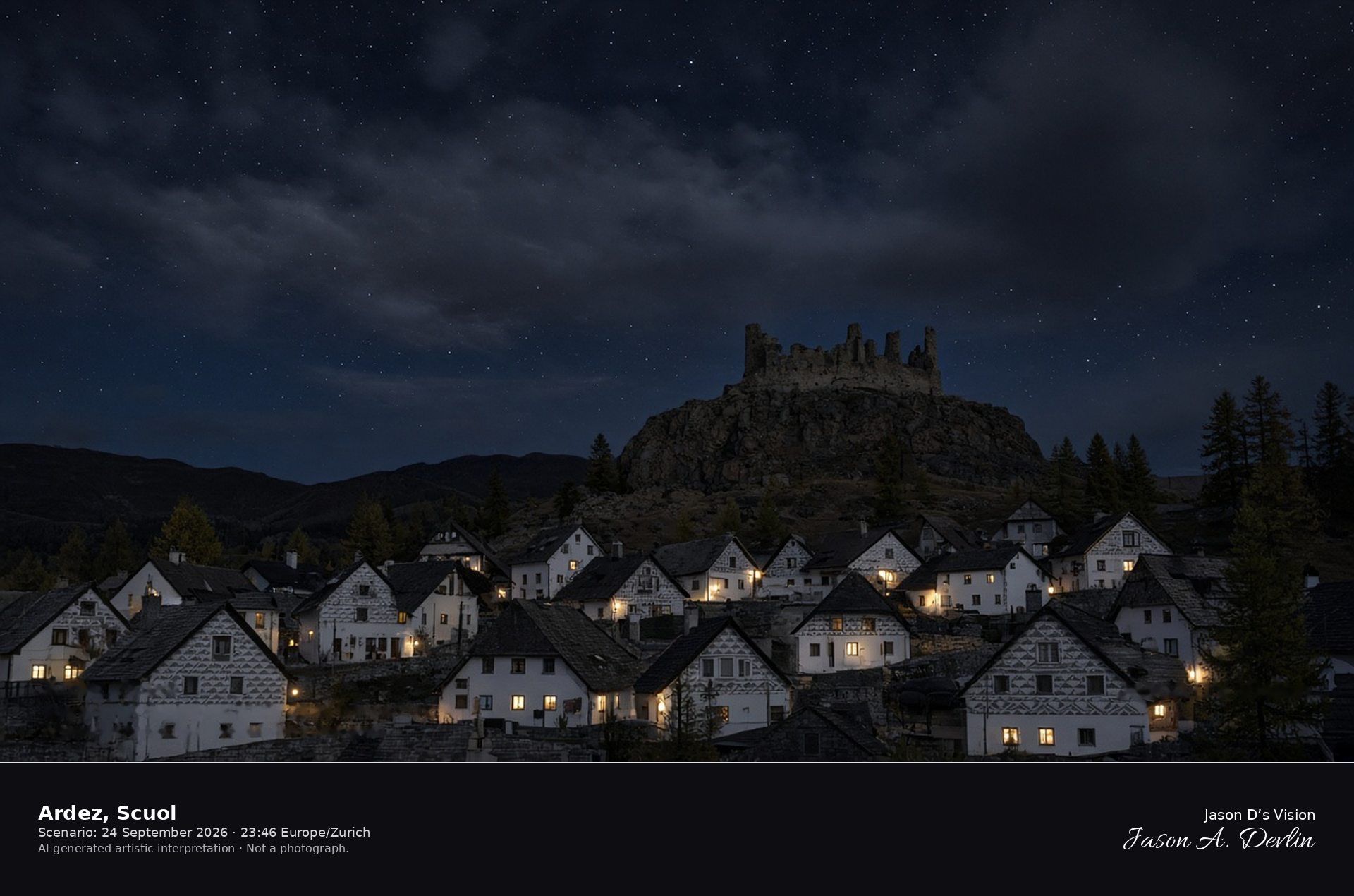 AI-generated artistic interpretation of Ardez and the Steinsberg ruin at night