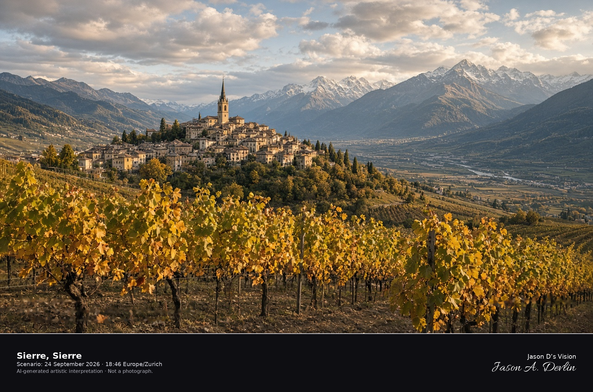 AI-generated artistic interpretation of autumn vineyards above the old town of Sierre