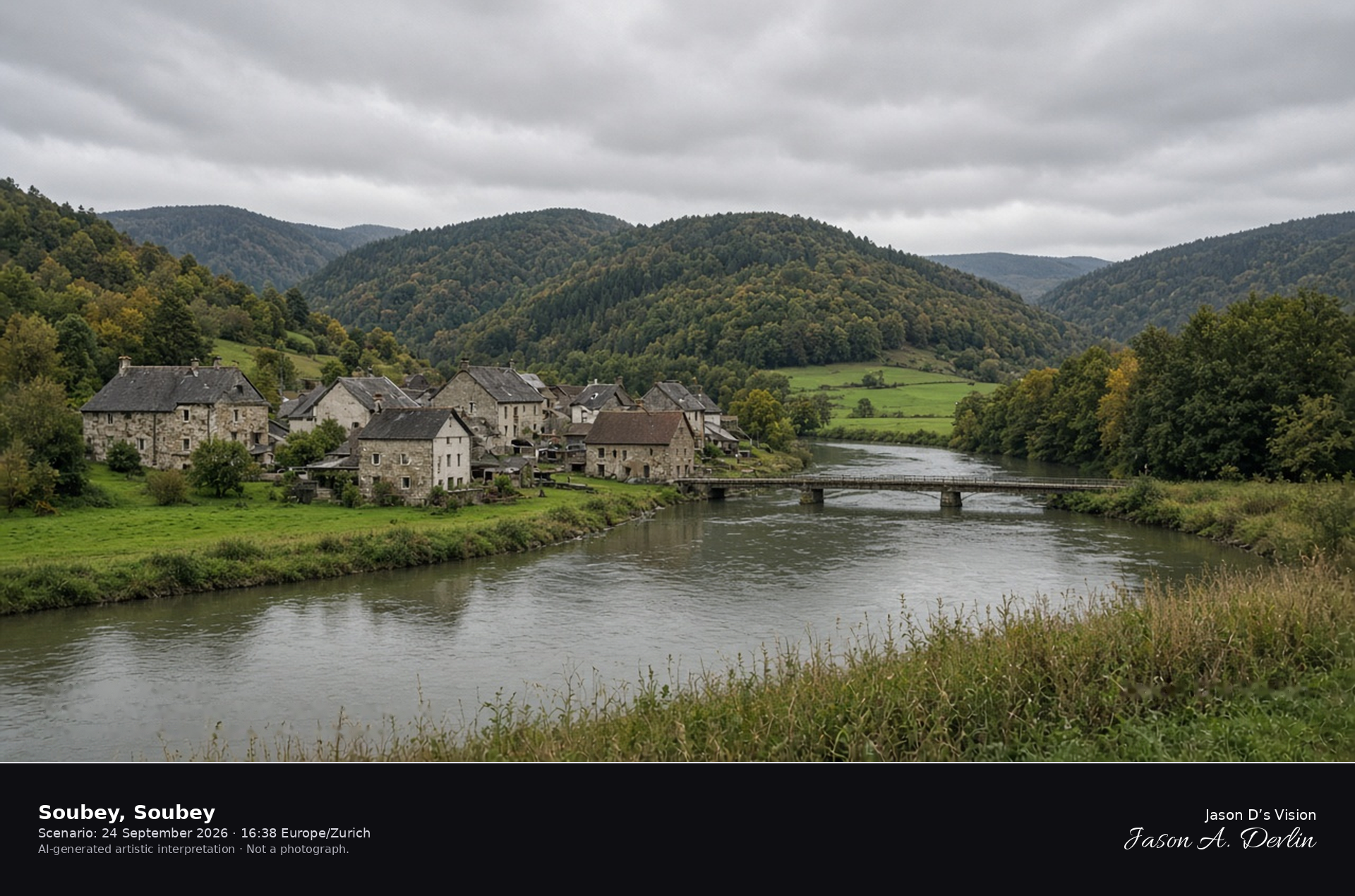 AI-generated artistic interpretation of Soubey on a bend of the Doubs