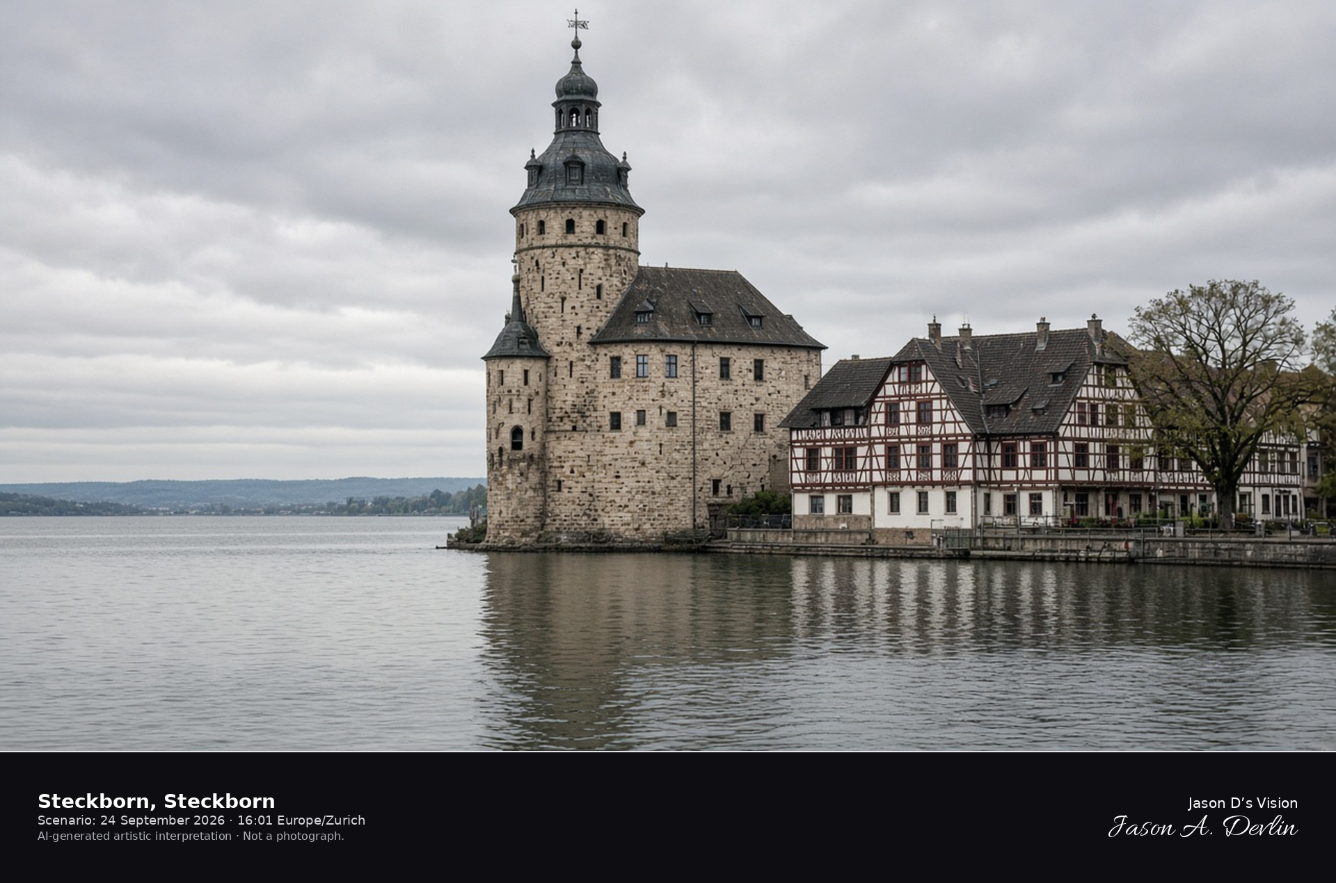 AI-generated artistic interpretation of the Turmhof on the Untersee at Steckborn