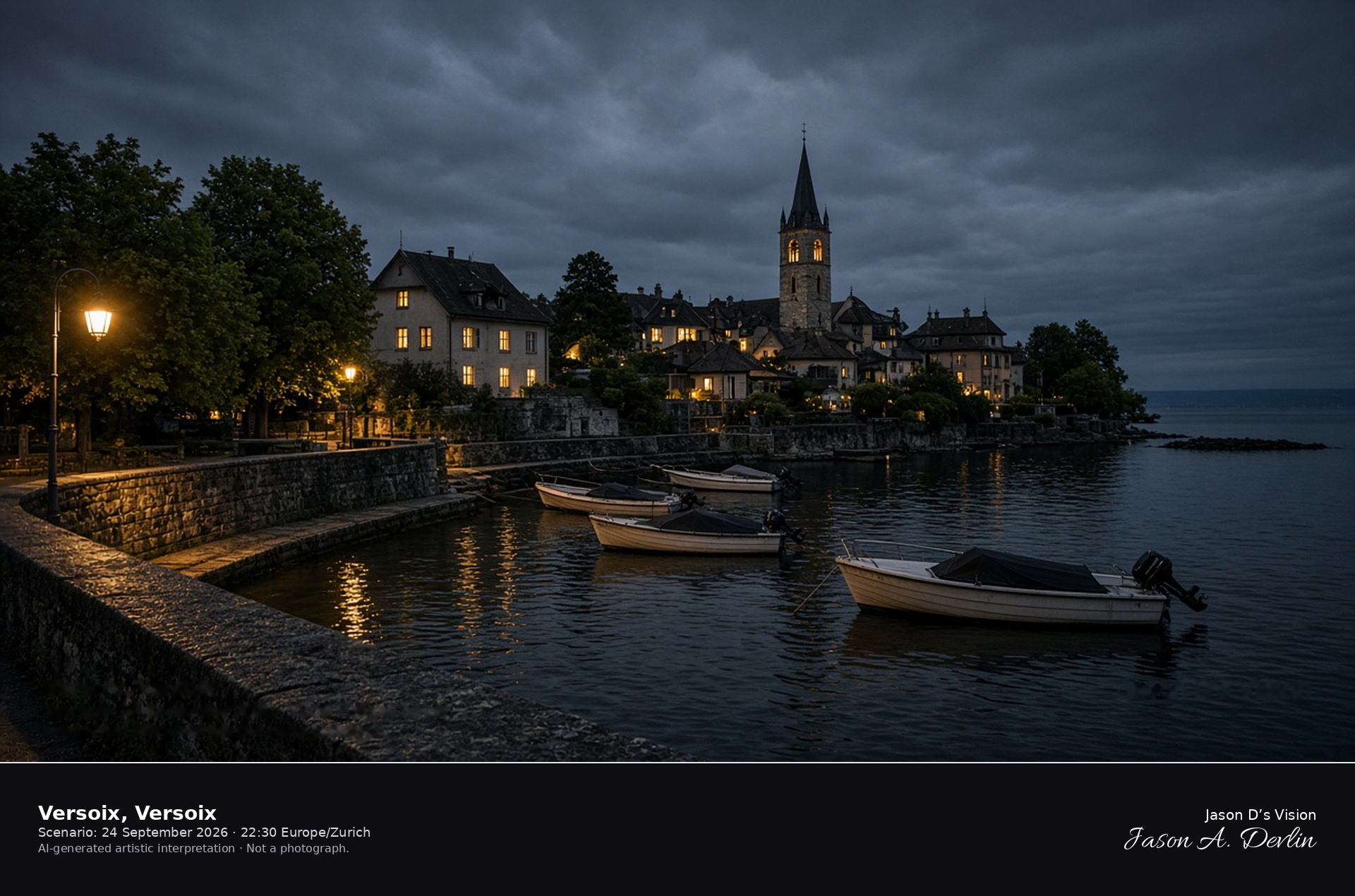 AI-generated artistic interpretation of the Versoix harbor on Lake Geneva at night