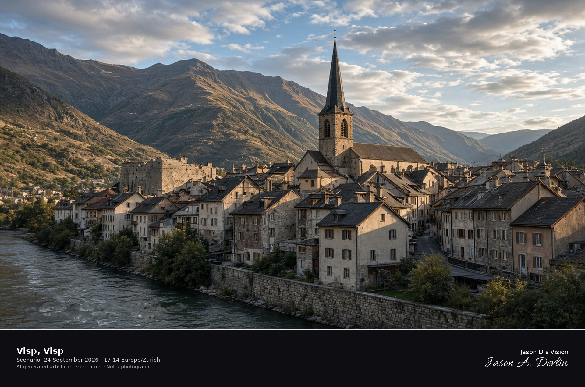 AI-generated artistic interpretation of the old town of Visp and the church of Saint Martin