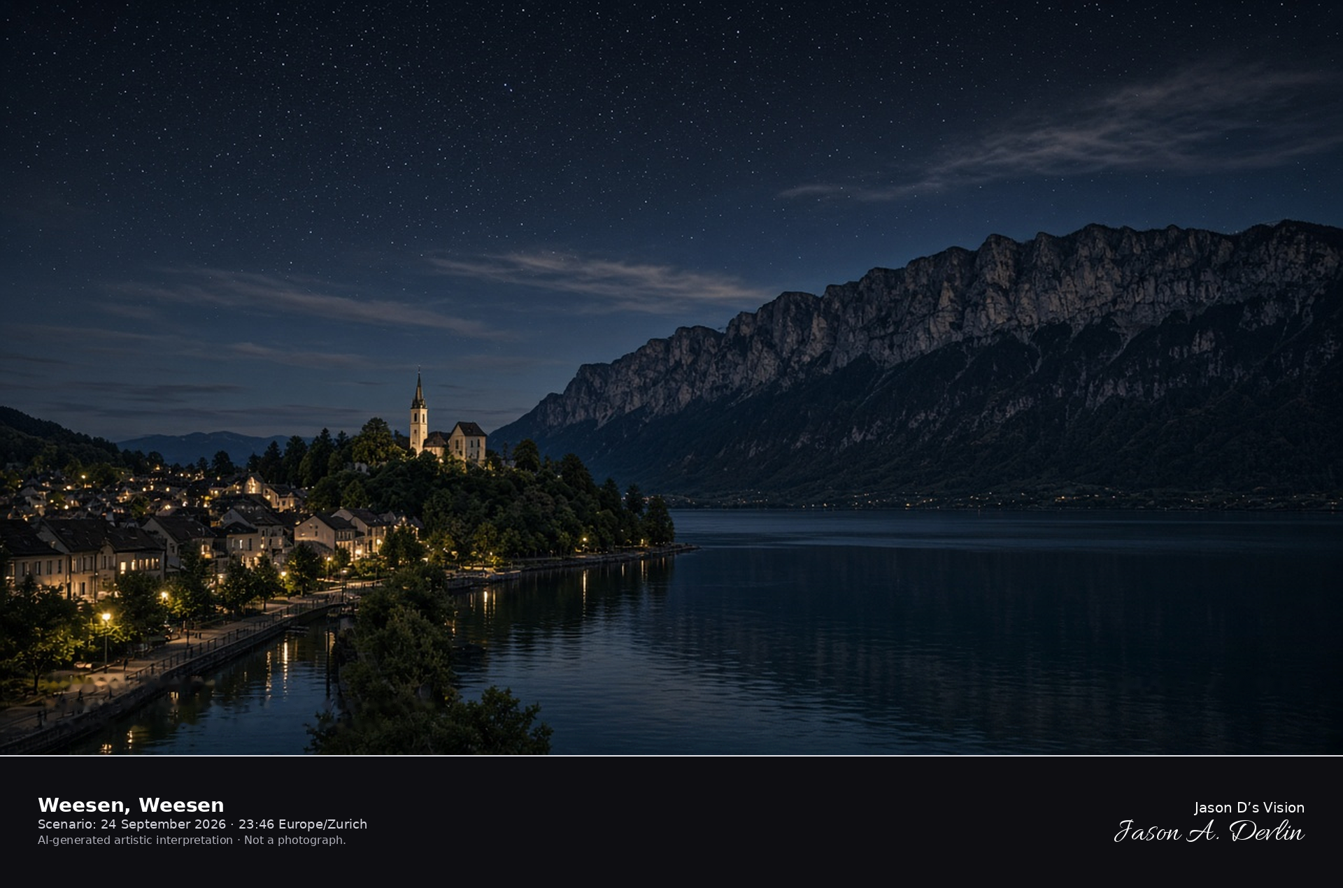 AI-generated artistic interpretation of the Weesen waterfront on Walensee at night