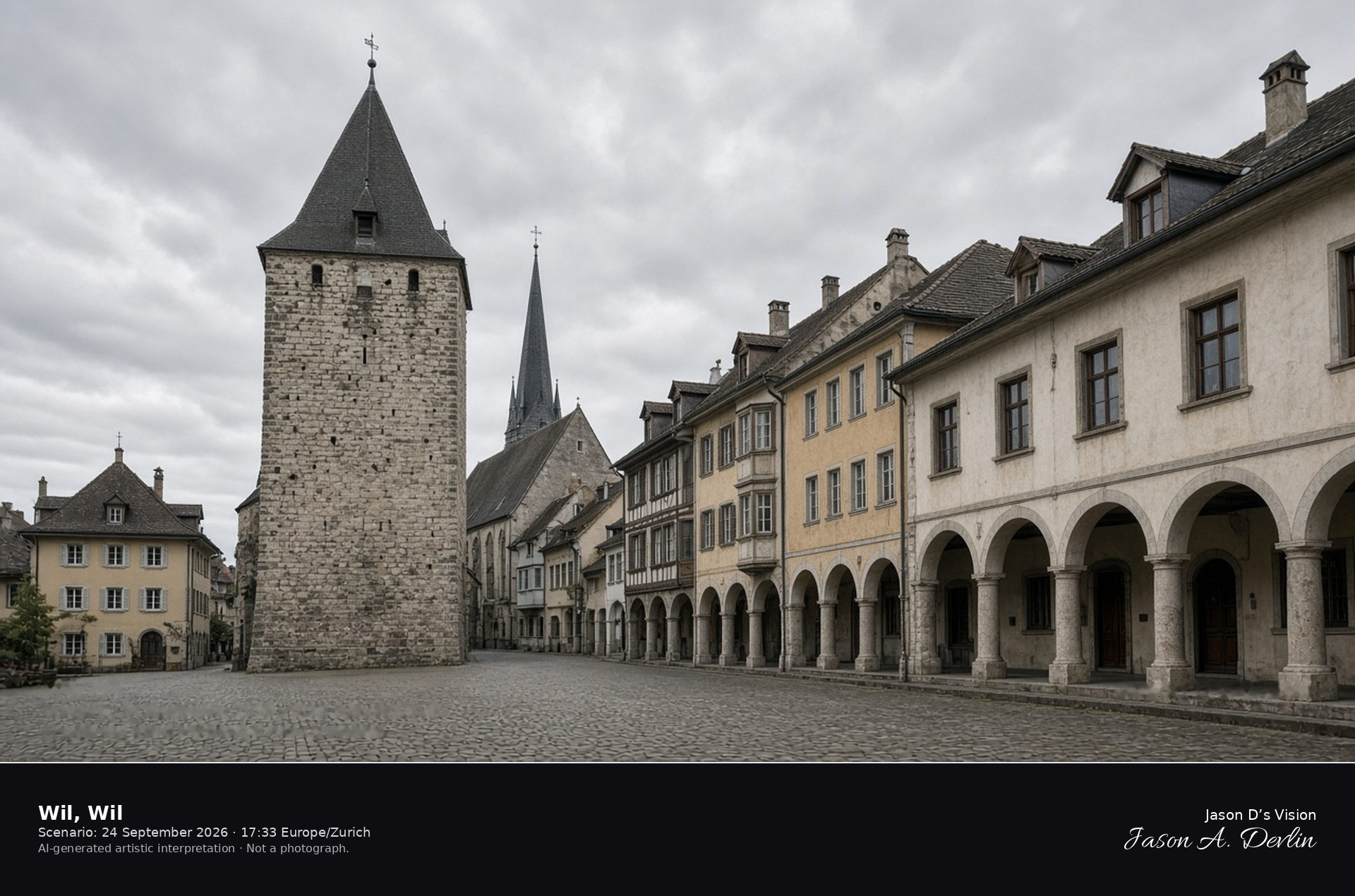 AI-generated artistic interpretation of the Hof tower and church in the old town of Wil