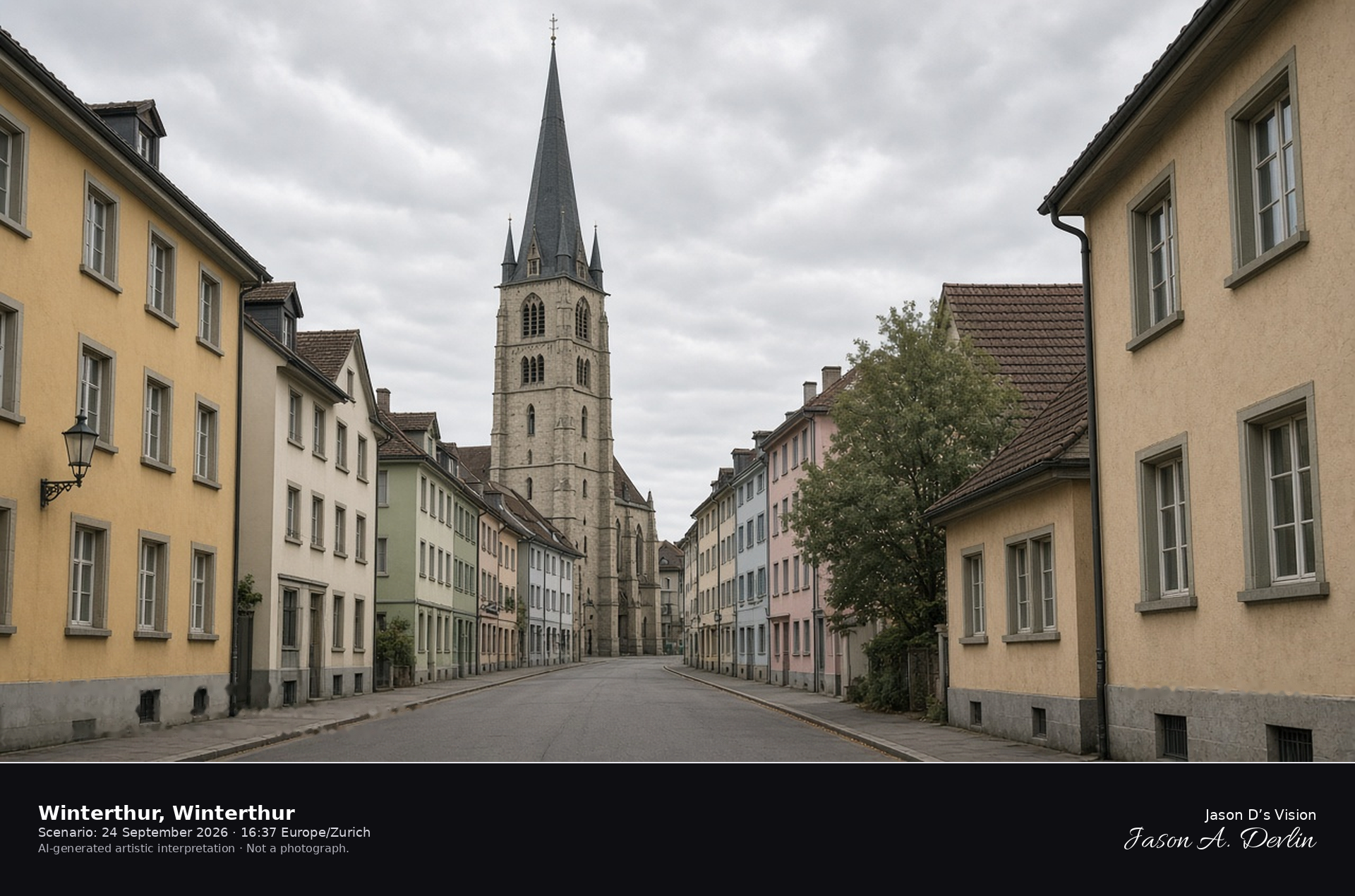 AI-generated artistic interpretation of Winterthur old town and the tower of St. Laurentius