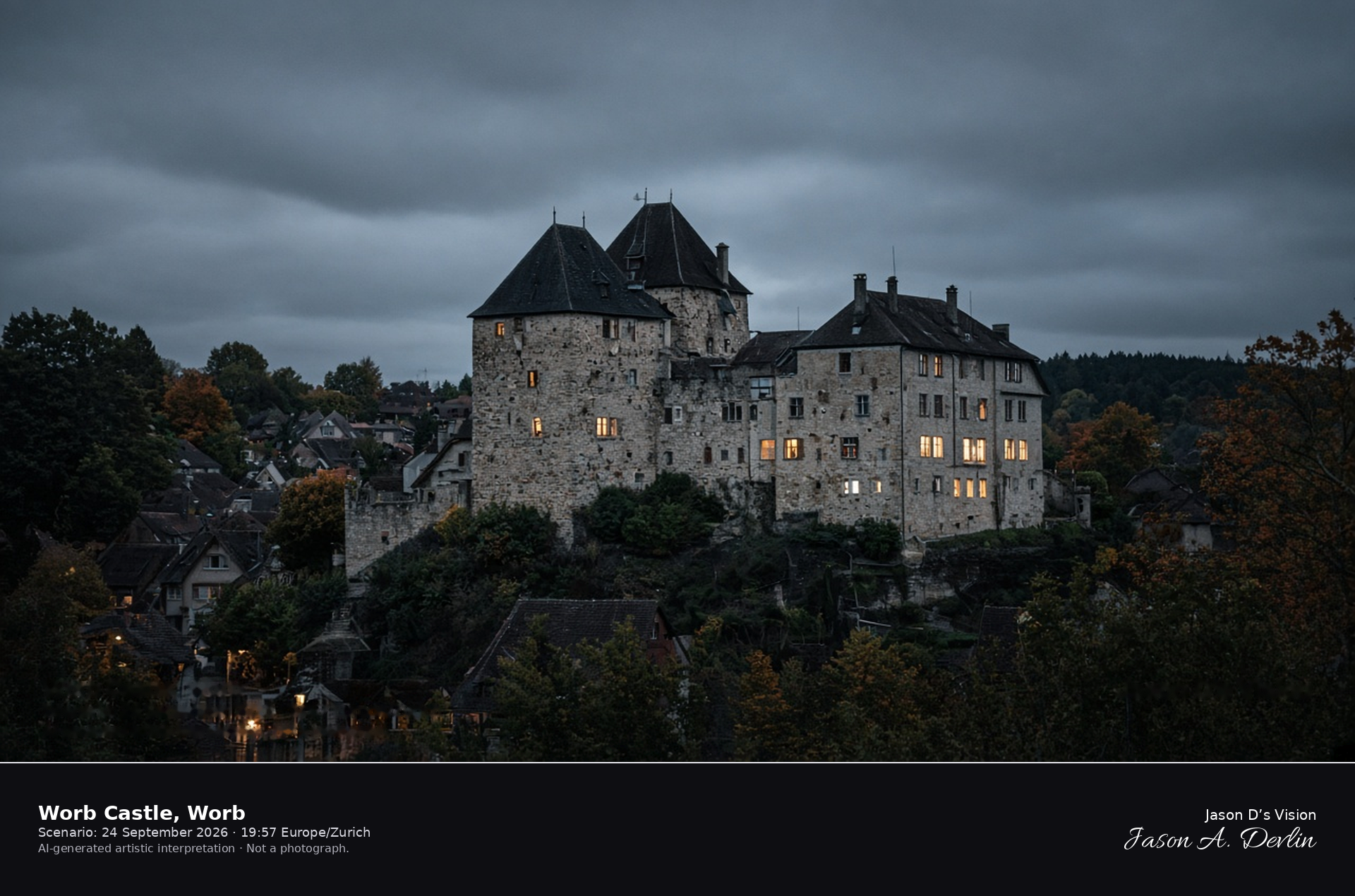 AI-generated artistic interpretation of medieval Worb Castle in the village at night