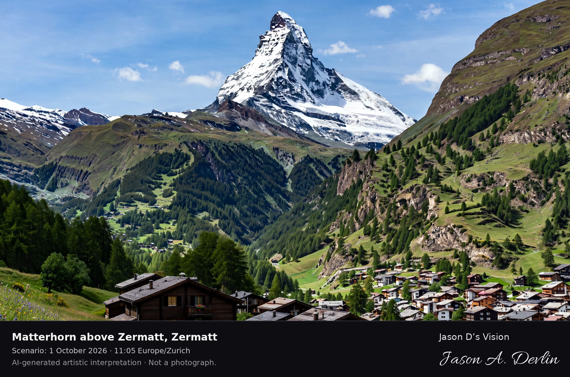 AI-generated artistic interpretation of the Matterhorn rising above the village of Zermatt