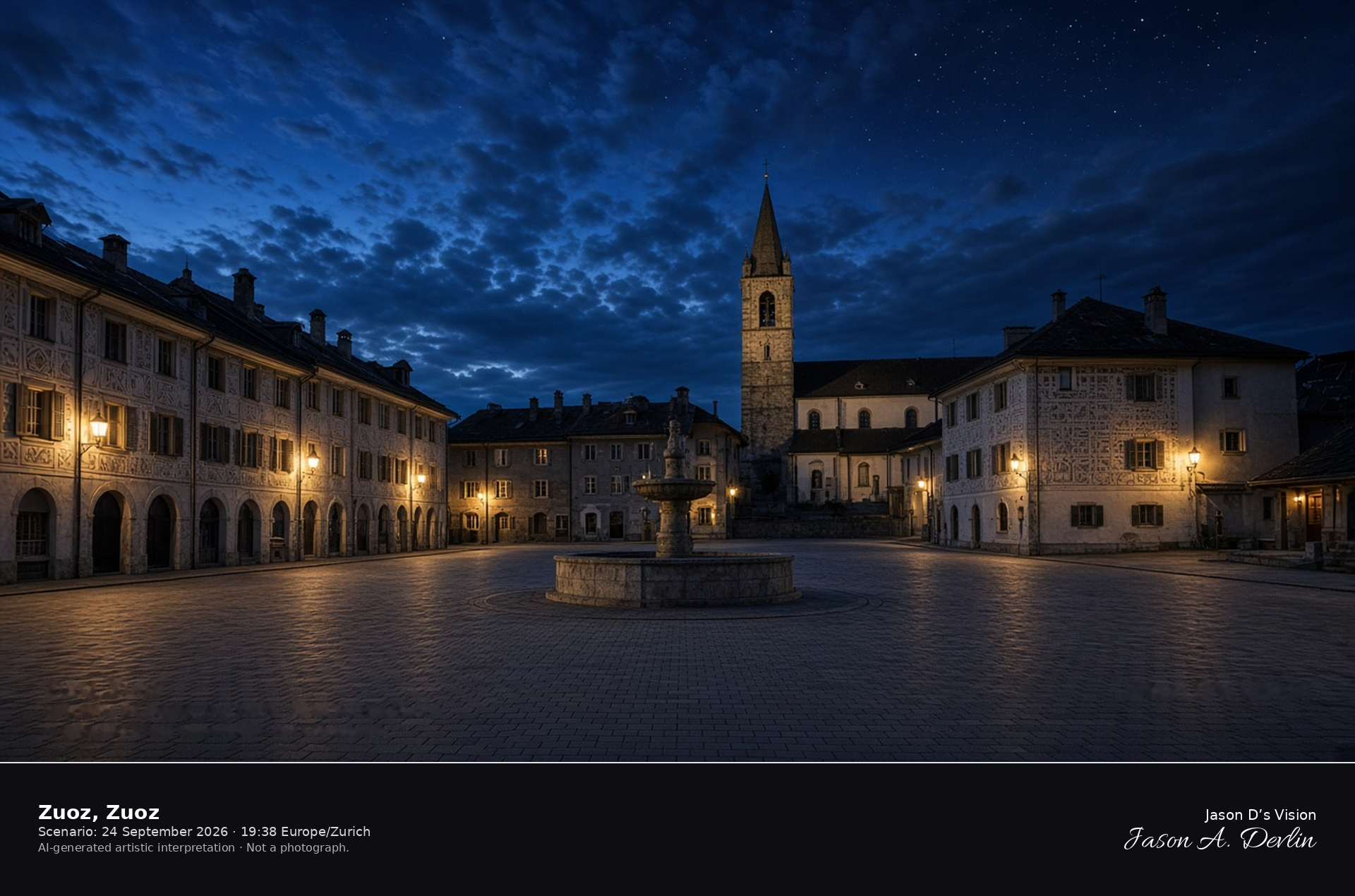AI-generated artistic interpretation of the village square and church of San Luzi in Zuoz