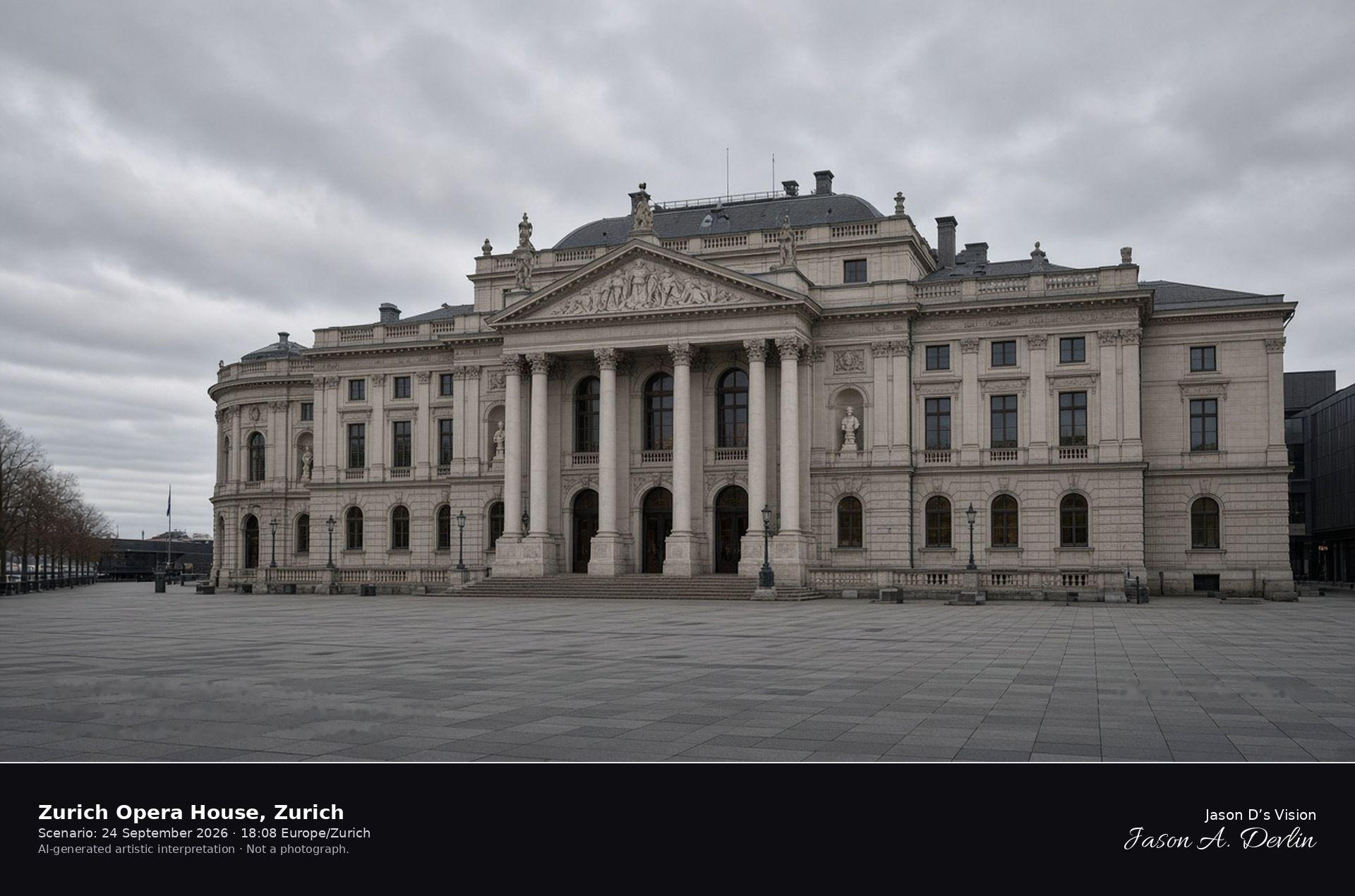AI-generated artistic interpretation of the Zurich Opera House from Sechseläutenplatz