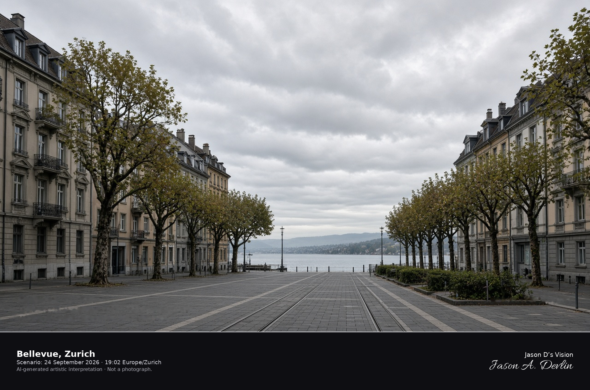 AI-generated artistic interpretation of Bellevueplatz in Zurich looking toward Lake Zurich