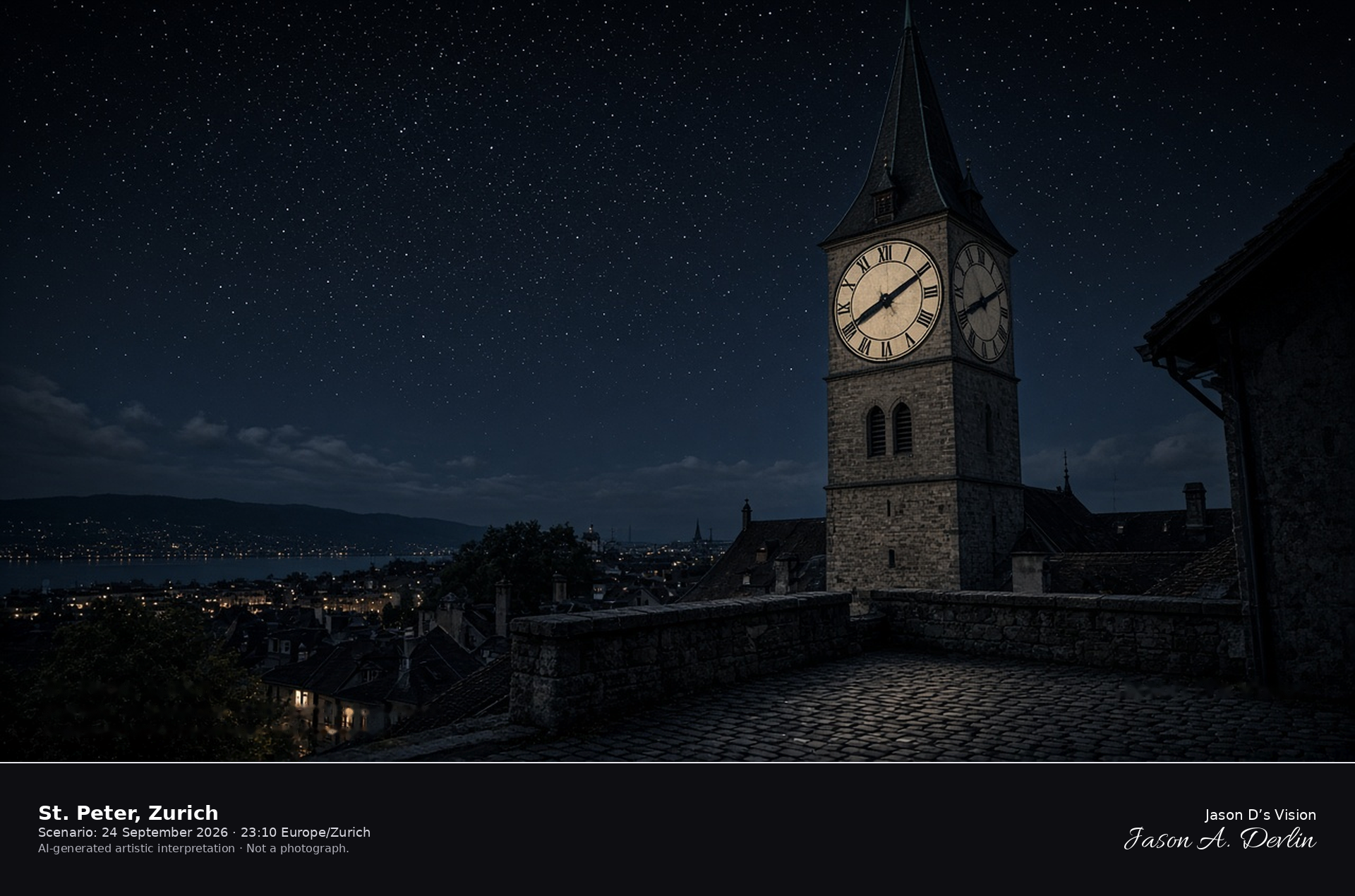AI-generated artistic interpretation of the St. Peter clock tower in Zurich at night